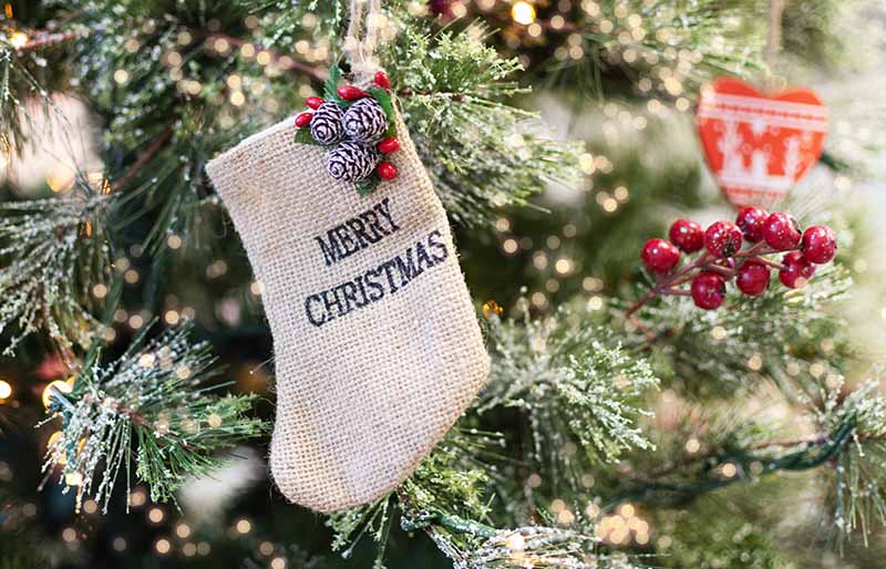 christmas tree decorated stocking toy closeup | christmas stockings personalized