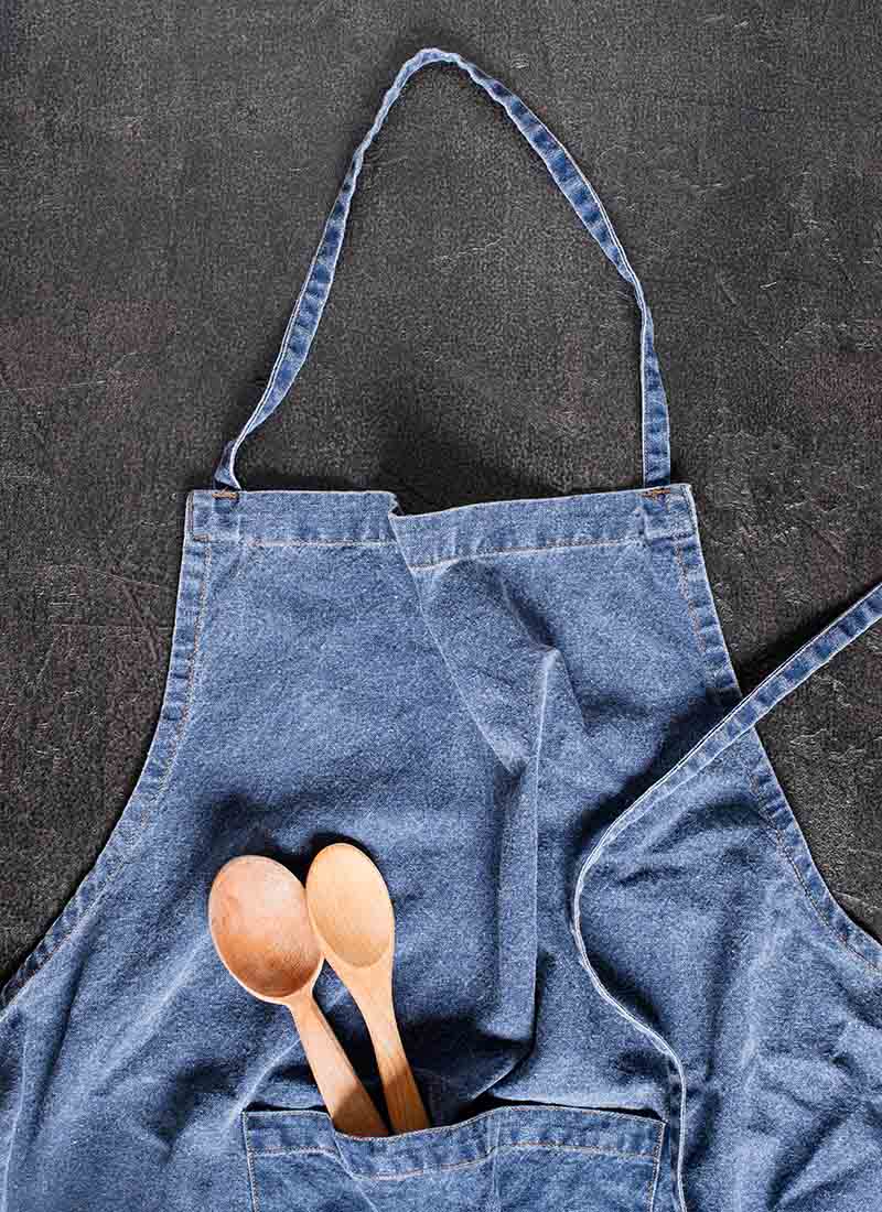 blue denim apron wooden spoons pocket | apron pattern
