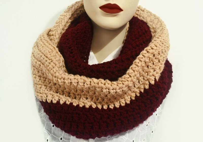 doll wearing crochet scarf - infinity scarf - wool scarf - fashion clothing icon | basic crochet infinity scarf
