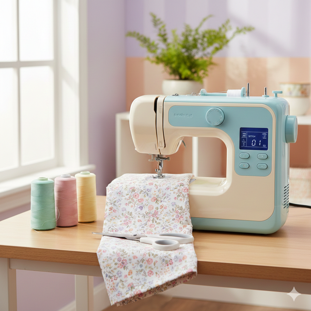 Best sewing machine for beginners under $300, with a pastel-colored sewing machine on a wooden table, surrounded by spools of thread, fabric, and sewing scissors in a cozy, well-lit sewing room.