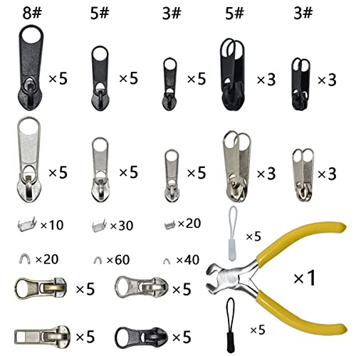 Zipper Repair Kit 197 Pcs, Zipper Replacement with Two Installation Pliers  for Sleeping Bags, Jacket, Tent, Luggage, Backpacks