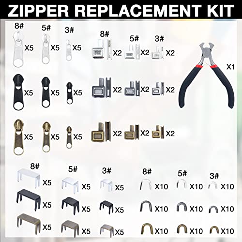 217 Pieces Zipper Repair Kit Replacement Zipper, Zipper Pulls, Zipper Head  Slider, Installation Tools Zipper Stopper Slider Repair Tool Kit for Metal  Plastic Nylon Coil Jacket Zippers (Size 8/5/3)