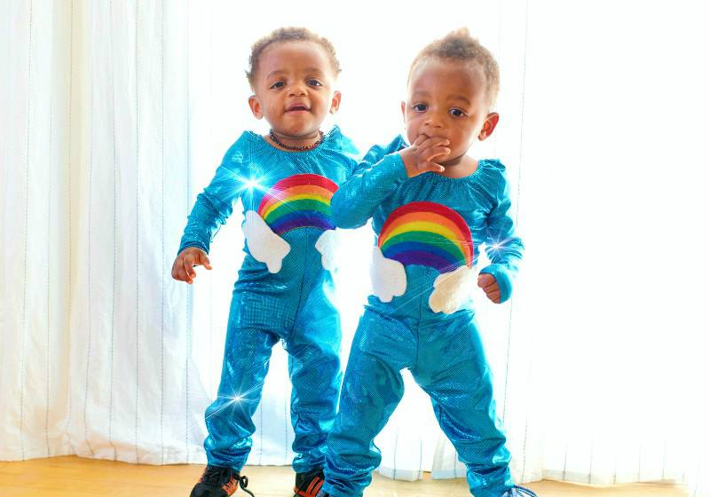 two toddler's standing in front of white window curtain | simplicity costume patterns