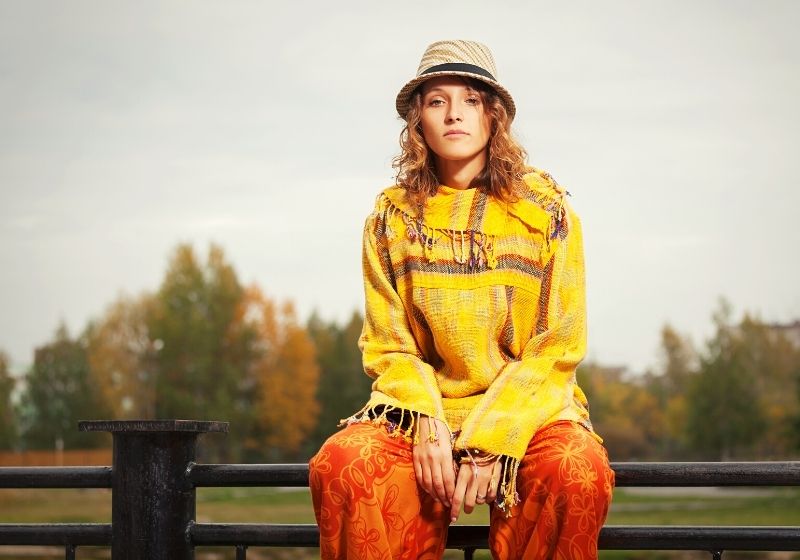 Young fashion hipster woman sitting on handrail outdoor | sewing clothes ideas