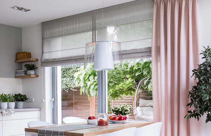 gray roman shades pink curtain on | window shade