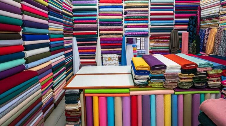 shelf wide selection colorful fabrics ribbons | Sewing Room Organization Ideas: 11 Brilliant Ways to Store Fabric | Featured